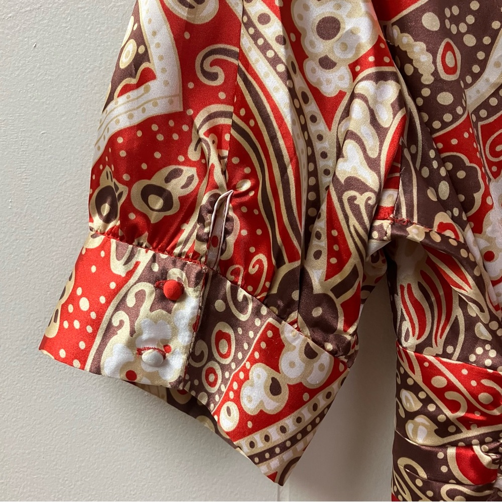 Y2K BCBGMAXAZRIA Floral Blouse Satin Puff Sleeve SZ Medium Whimsical Feminine - Picture 7 of 11